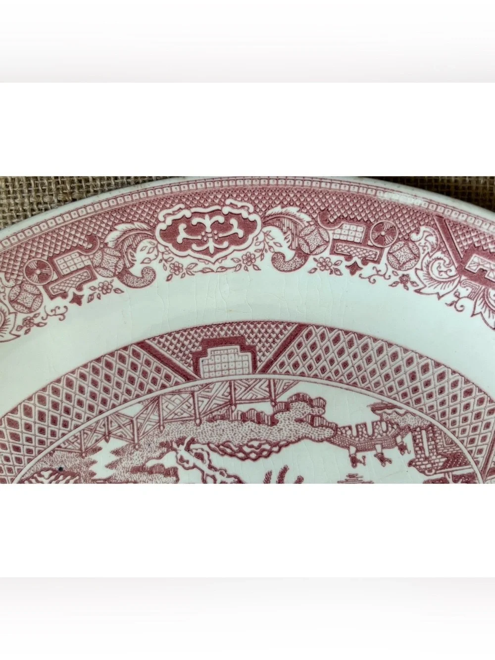 Red Or Pink Willow Transferware Oval Serving Platter Chinoiserie Landscape FLAWS